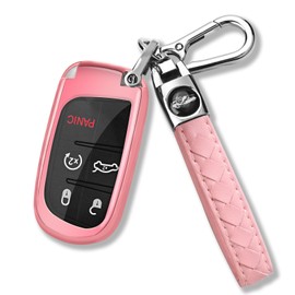 QBUC for Jeep Key Fob Cover with Keychain Soft TPU Protection Case Compatible with 2014-2023 Grand Cherokee Chrysler Renegade Compass High Altitude Latitude Limited Trailhawk Upland (Pink)