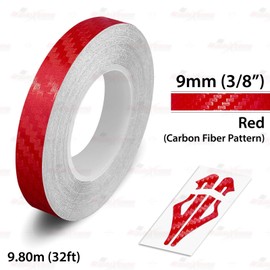 CARBON FIBER RED, 3/8" | 9mm, Self-Adhesive Vinyl Pin Stripe Line Decal Sticker Tape, Length 32ft | 9.80m, Suitable for Cars, Vans, Motorcycles, Bikes, Models, Tuning & Styling, and much more