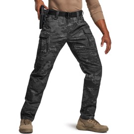 CQR Men's Flex Stretch Tactical Pants, Water Resistant Ripstop Cargo Pants, Lightweight EDC Outdoor Work Hiking Pants, Intense Utility Camo Black, 32W x 30L