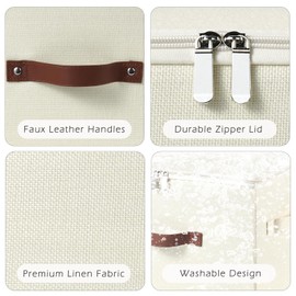 VinneGenzz 4 Pack Storage Bins with Zipper Lid Cotton Linen Fabric Lidded Storage Baskets Boxes Foldable Washable Closet Shelf Clothes Organizer Container with PU Leather Handles (Beige, Small)