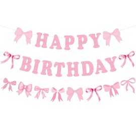 Bow Happy Birthday Banner, Pink Bows Garland Banner Coquette Birthday Party Decorations for Girls Women Baby Showers Bow Theme Party
