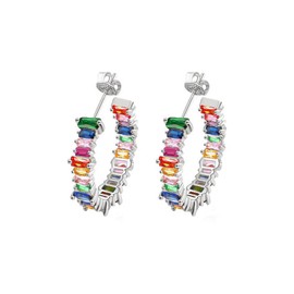 Savlano 14K Gold Plated Cubic Zirconia Multicolor Rainbow Round Hoop Stud Earrings for Women Comes with a Gift Box