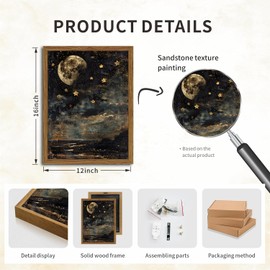Dark Moon and Stars Wall Art, Vintage Witchy Academia Wall Decor, 3D Texture Hand Drawn Sandstone Moody Mystical Celestial Painting Artwork for Bedroom Living Room 12x16 inch Wood Framed