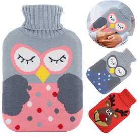 Hot Water Bottle with Cover, Hot Water Bottle 2 Litres with Knitted Covers, Removable and Washable Hot Water Bottle, Hot Water Bottle for Children, Safe and Durable, Turtleneck Hot Water Bag for Family (Pink Owl)