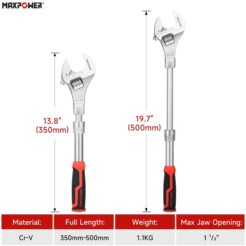 MAXPOWER Extendable Adjustable Wrench, Retractable Extension Shank 13.8" to 19.7",