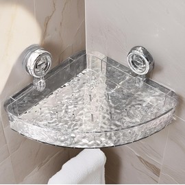 SESLEL No-Drill Suction Cup Corner Shower Caddy, Clear Plastic Corrugated Wall-Mounted Bathroom Storage Shelf Organizer for Toiletries & Kitchen
