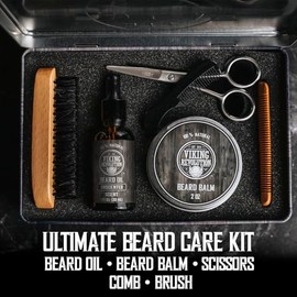 Viking Revolution Kit de cuidado de barba para hombres: el kit de aseo de barba definitivo incluye cepillo de barba 100% jabalí, peine de barba de mad