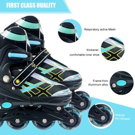 Inline Skates for Kids and Teens Ages 4-16, All 8 Wheels of Inline Roller Skates Light Up, Safe and Fun Illuminating for Outdoor Indoor Sports,Black-Blue,L