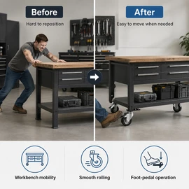 4-Pack Retractable Workbench Casters, 2.5" 360° Swivel Step-Down Wheels, 165lbs Heavy-Duty Caster Kit for Workbenches & Tables