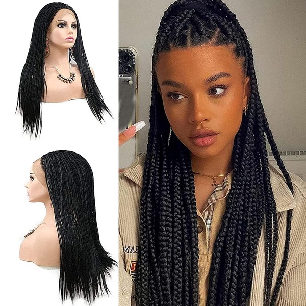 Black Braided Wigs for Black Women Long Knotless Box Braid Wig Handmade Full Lace Front Braided Wigs Natural Hairline Synthetic Cornrow Glueless Braids Wig Heat Resistant Fiber Hair Cosplay Daily 20Inch