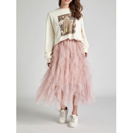 Velinsak Skirts for Women Long Length Tutu Tulle Skirt Fairy Tiered A Line High Waist Flowy Skirts A-Pink One Size