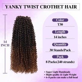Yanky Twist Crochet Hair for black women 14 Inch 8 Packs 30 Stands/Pc,Pre-looped Fluffy Spring Mini Twist Passion Twist Ombre Brown Synthetic Crochet Braids Braiding Hair(14 Inch, T30-8P)