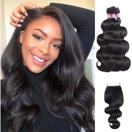 SINGLE BEST Body Wave 3 Bundles with Closure 100% Unprocessed 10a Brazilian Body Wave Human Hair Weave with 4x4 Lace Closure Natural Color 121212+10 inch
