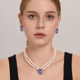 Sisslia Necklace and Earring Sets for Women Girl Freshwater Cultured Pearl Necklce Crystal Gem Earring Sets Rhinestone Jewelry Gifts Fashion Bridal Jewelry Set for Wedding Party Anniversary Mother's Day Mom Birthday Christmas, 13.7" + 2.7", Yellow Gold, 