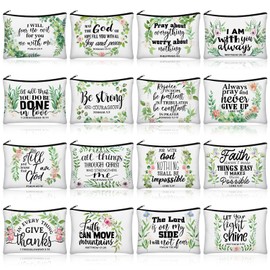 Pinkunn 16 Pcs Canvas Cosmetic Bag Bulk Inspirational Quotes Makeup Bags with Zipper Encouragement Travel Toiletry Pouch Appreciation Gift for Christmas Teacher Birthday Graduation(Bible Leaves)