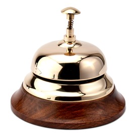 NKlaus 12 cm Round Counter Bell Brass Gold Solid with Wooden Base Maritime Service Bell 11586