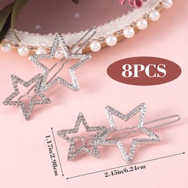 OIIKI Star Hair Clips Pins Silver 8pcs, Star Hair Barrettes Elegant Metal Hair Clips Rhinestone Hairpin, Hollow Geometric Hair Pins for Women Girls Hair Styling Accessories