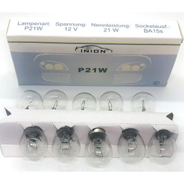 INION Set of 10 Professional Car Lighting Metal Base Car Lamp Halogen 12 V Car Bulbs (10x P21W)