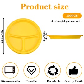 100 Pcs 10 Inch 3 Compartment Plates Plastic, Divided Plate, Section Plates Heavy Duty Disposable Dinnerware for Party Wedding Birthday(Red, Yellow, Blue, Green)