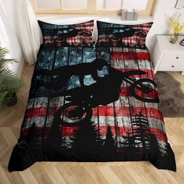 Homewish American Flag Duvet Cover Set Twin Size Boys Dirt Bike Racing Motocross Rider Bedding Kids Teens Men Rustic Farmhouse Wooden Comforter Retro Black Pine Tree Silhouette Quilt 2pcs, 68''x90''