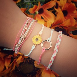 FANCY SHINY Sunflower String Bracelet Handmade Braided Rope Charms Boho Surfer Bracelet for Women(Rouge)