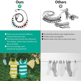 Portable Clothesline with 12 Clothes Pins - Travel Retractable Clothesline 6ft to 11.8ft Stretchy Retractable Clothesline, Metal Hanging Clips Hanger Holder for Camping,Outdoor Multicolor