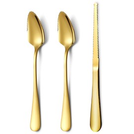 Gold Grapefruit Spoons 3 Pieces Set, 2 Stainless Steel Grapefruit Spoon And 1 Grapefruit knife With Titanium Plating, Grapefruit Utensil Set, Serrated Edges Spoon pack of 3 (Gold)