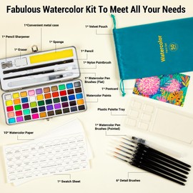 ANYUKE Watercolour Paint Set, 50 Vivid Colors in Portable Box, Art supplies for adults, Travel Watercolor Set with Watercolor Papers, Brushes and other Tools, Idea for Artists and Hobbyists