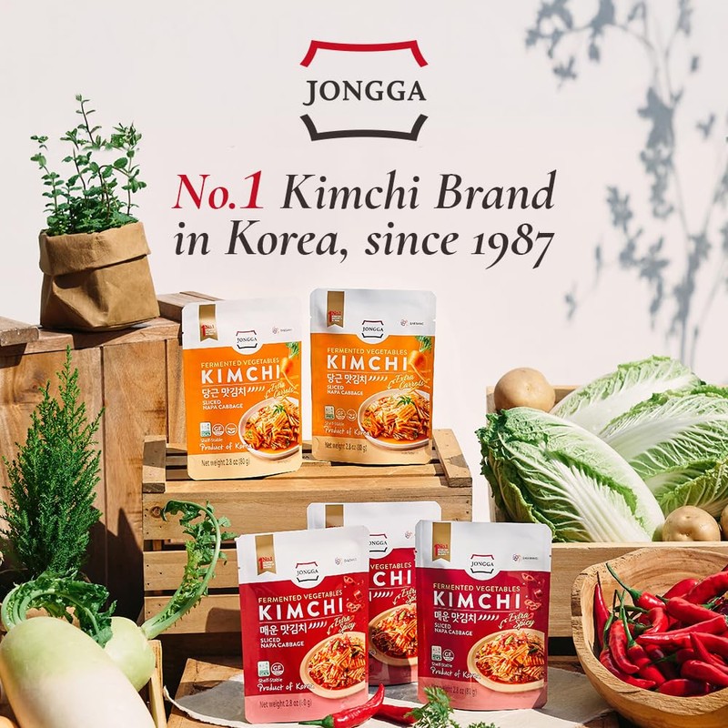 JONGGA Spicy Napa Cabbage Kimchi – (Pack of 8), Shelf-Stable