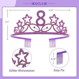MEANT2TOBE 8th Birthday Sash and Tiara for Girls - Fabulous Glitter Sash + Stars Rhinestone Purple Premium Metal Tiara for Girls, 8th Birthday Gifts for Princess Party