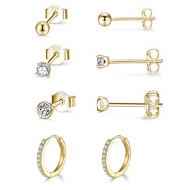 Gulicx 4Pairs Silver 14K GoldPlated Stud Hoop Earrings for Women/Girls/Boys, Hypoallergenic 925 SterlingSilver Small 3mm RoundBall Cubic Zirconia Stud Earrings 12mm Cartilage Sleeper Hoops EarringsSet