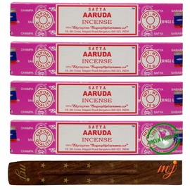 Original Satya Nag Champa Aaruda Incense Sticks | with M&J incense sticks holder | x4 pack | for Aromatherapy, Spa, Yoga, Weddings, Meditation, Healing, Positivity and Relaxation