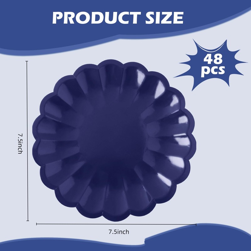 AllReal 48 Pcs Navy Blue Scalloped Disposable Party Paper Plates