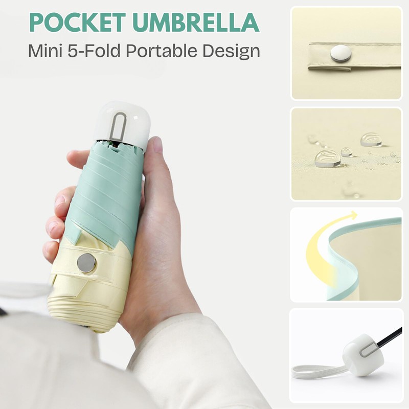 Pocket Mini Compact Umbrella with 8-Rib Frame for Sun/Rain, Travel