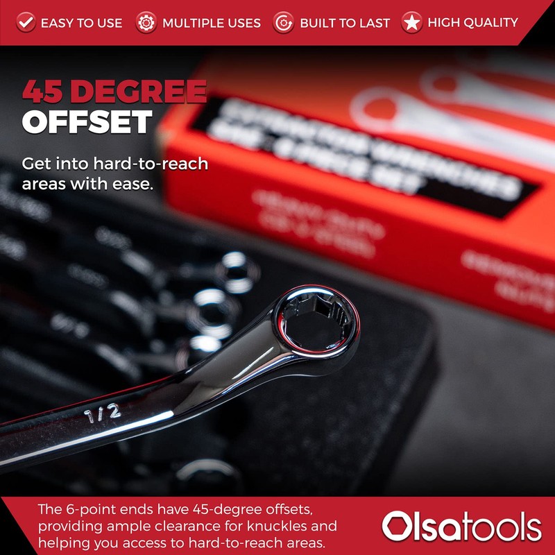 Olsa Tools 6pc Box End Wrench Set, 45-Degree Offset, Chrome