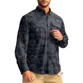 Men's Sun Protection Fishing Shirts Long Sleeve Travel Work Shirts for Men UPF50+ Button Down Shirts with Zipper Pockets(Grey Camo Medium)