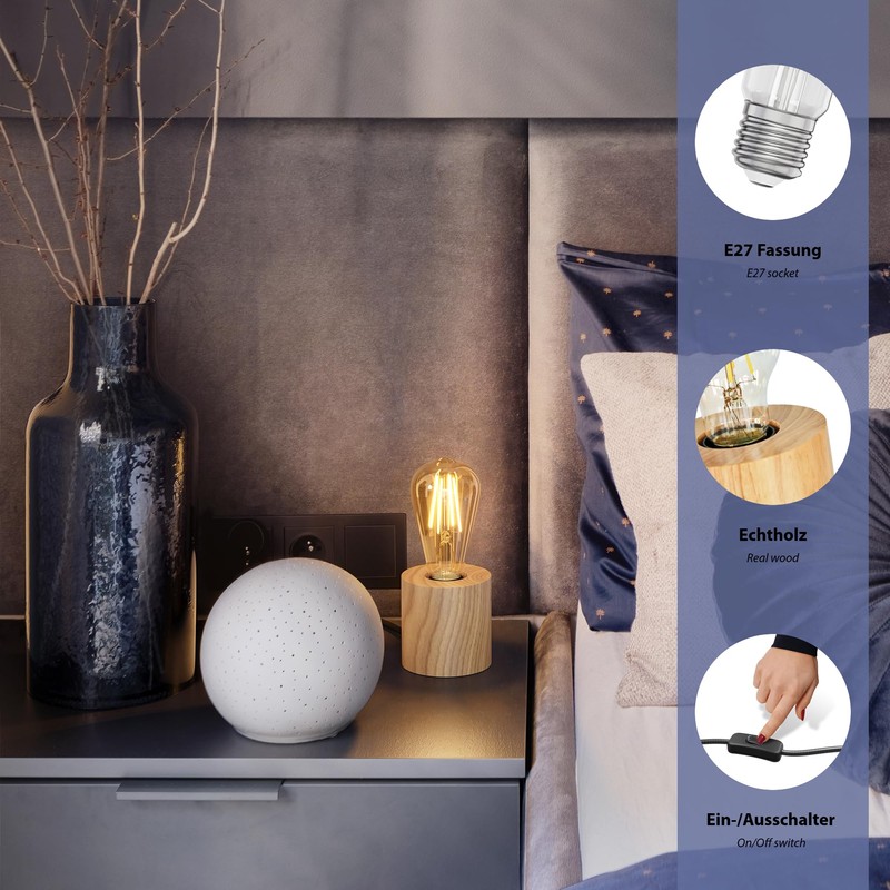 ledscom.de Hito Table Lamp, Switch, Real Wood (Rubber Tree), Round,