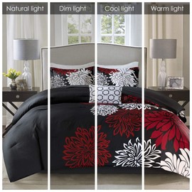 Comfort Spaces Enya Comforter Set-Modern Floral Design All Season Down Alternative Bedding, Matching Shams, Bedskirt, Decorative Pillows, Queen(90"x90"), Red/Black