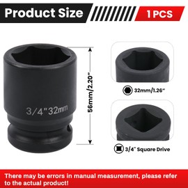 Deep 6-Point Impact Socket 3/4" Drive 32mm,Chrome Molybdenum Steel, Anti-Rust Metric Hex Socket for Car Repairs and Impact Wrench