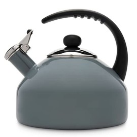 Farberware Omega Tea Kettle, Whistling Tea Pot, Works For All Stovetops, Porcelain Enamel on Carbon Steel, BPA-Free, Rust-Proof, Stay Cool Handle, 2.75 quart (11 cups) Capacity (Gray)