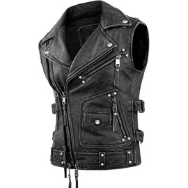 Cheemaz Men’s Vintage Negan Cowhide Brown Biker Riding sleeveless Motorcycle Leather Vest (as1, alpha, 3x_l, regular, regular, Black)