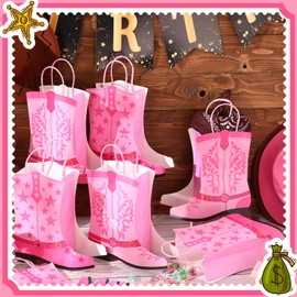 Mooliwe 24 Pcs Cowboy Cowgirl Boots Paper Bags Western Theme Party Favors Wild West Girls Kraft Bags Bachelorette Theme Last Rodeo Party Supplies Cowgirl Favors (Pink)