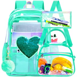 gxtvo 3PCS See Through Backpack Heavy-Duty Set for Women & Teen Girls, 17" Clear Bookbag with Rainbow Strap, Green Sequins Transparent School Bag