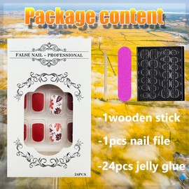 24PCS Fall Thanksgiving Press on Nails Short Square Red Brown Color Matte Fake Nails Autumn Maple Leaf Design Full Cover Glue on Nails Acrylic False Nails for Women Fall DIY Nails Manicure