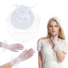 DRYIC Fascinators for Women High Tea Party Fascinator Hats, Lace Gloves Women Tea Party Hats for Church Cocktail - White