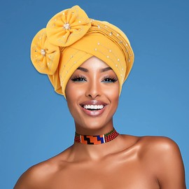 IYOU Crystal Turbans for Women Flower Rhinestone Beanie Hat Twisted Head Wrap Headpiece, yellow