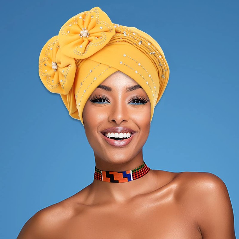 IYOU Crystal Turbans for Women Flower Rhinestone Beanie Hat Twisted