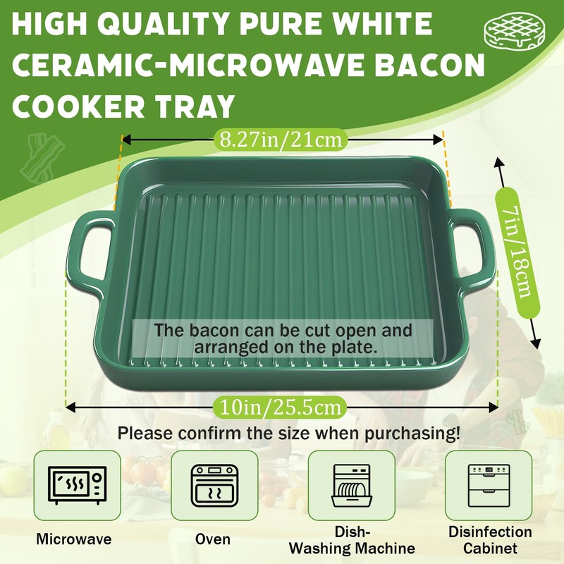 KVZKVZ Green Ceramic Microwave-Safe Bacon Baking Tray, 8.3 x 7