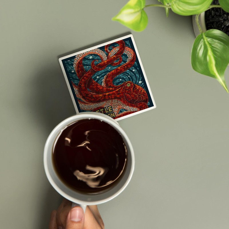 Seattle, Washington, Octopus Mosaic (Absorbent Ceramic Coaster, Single, Cork Back,