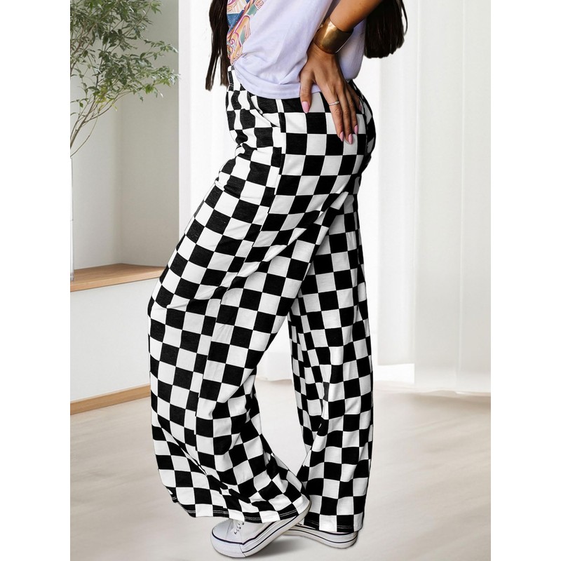 IYOWEL Womens Checkered Pants Y2K Pajama Pants Elastic Waist Wide